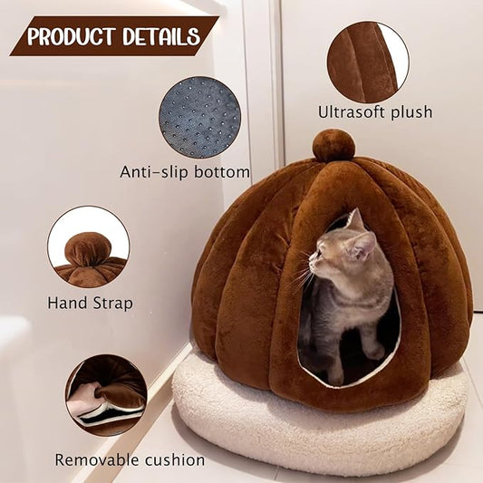 Cat Bed for Indoor Cats - Adorable Cozy Pumpkin Cat Cave with Removable Cushion, Super Soft Pet House Tent for Kittens & Small Pets, Warm & Washable Non-Slip Design(S 15 inch Brown)
