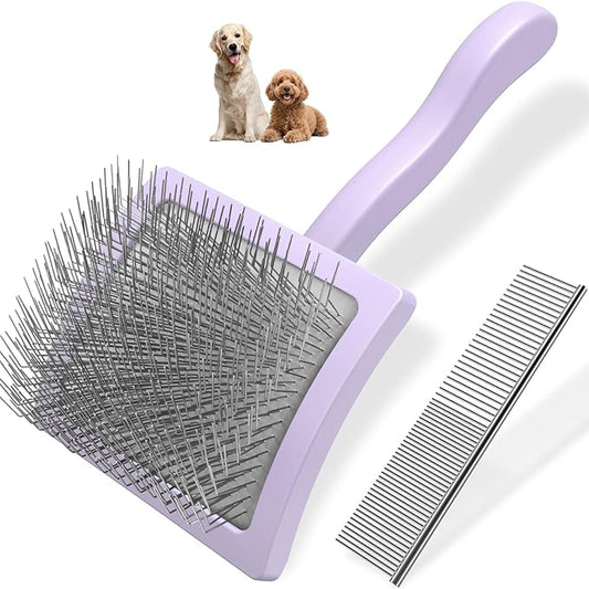2PCS Slicker Brush for Dogs & Pet Comb,Professional Dog Grooming Brush (Goldendoodles,Poodles,Labradoodles) with Extra Long Pins to Effectively Remove Tangles, Knots and Mats (Light Purple, Large)