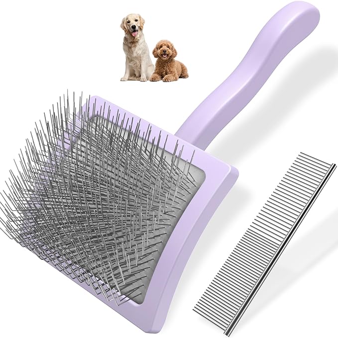 2PCS Slicker Brush for Dogs & Pet Comb,Professional Dog Grooming Brush (Goldendoodles,Poodles,Labradoodles) with Extra Long Pins to Effectively Remove Tangles, Knots and Mats (Light Purple, Large)