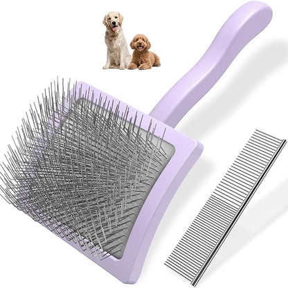 2PCS Slicker Brush for Dogs & Pet Comb,Professional Dog Grooming Brush (Goldendoodles,Poodles,Labradoodles) with Extra Long Pins to Effectively Remove Tangles, Knots and Mats (Light Purple, Large)