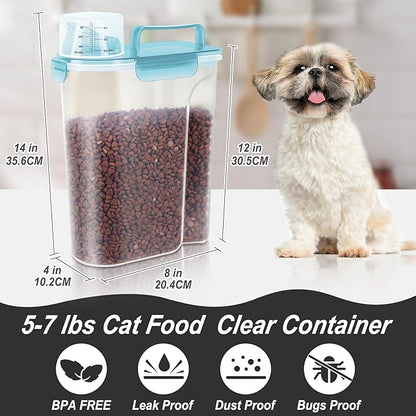 5-7Lbs Cat Dog Storage Container, Portable Pet Food Containers with Upgraded Large Spout and Cup, Small Animal Kibble Dispenser for Bird Seed, Oatmeal, Rice, Flour-Clear Blue