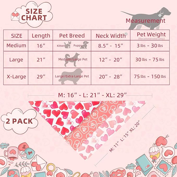 Dimidium Valentines Day Dog Bandanas 2 Pack - Double Sided Heart Patterns & Affection Phrases, Adjustable Snap Button, Romantic Costume Accessory for V-Day, Medium Large Breeds 30-75lbs