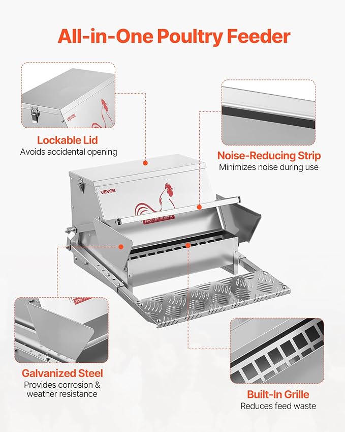 VEVOR Automatic Chicken Feeder, 25 lbs Upgraded Rainproof Treadle Poultry Feeder with Lockable Lid, No Waste, Galvanized Steel Construction, Outdoor Use, for Chicken, Bantams, Poultry, Pheasants
