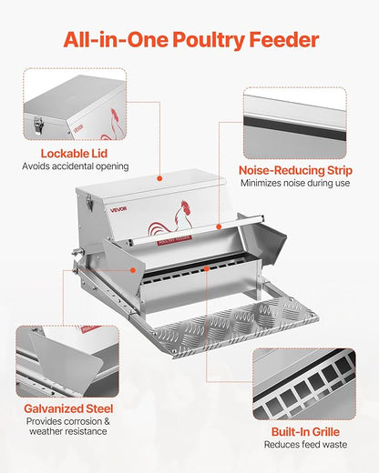 VEVOR Automatic Chicken Feeder, 25 lbs Upgraded Rainproof Treadle Poultry Feeder with Lockable Lid, No Waste, Galvanized Steel Construction, Outdoor Use, for Chicken, Bantams, Poultry, Pheasants