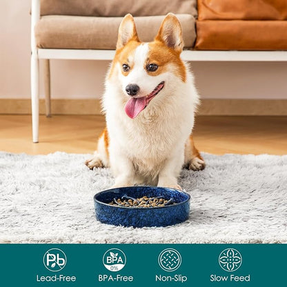 vancasso Ceramic Slow Feeder Dog Bowls, Puzzle Dog Food Bowls with Floral Maze, Anti -Slip Pet Food Dish for Medium Breed, 1.5 Cups, Blue