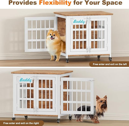 EasyCom 27"/33" Heavy Duty Dog Crate Furniture with Name Tag, Dog Kennel Indoor for Small Dogs, Double-Doors Sturdy Metal Dog Cage for Anxiety Dog, Decorate House as TV Stand, End Table, Bedside Table