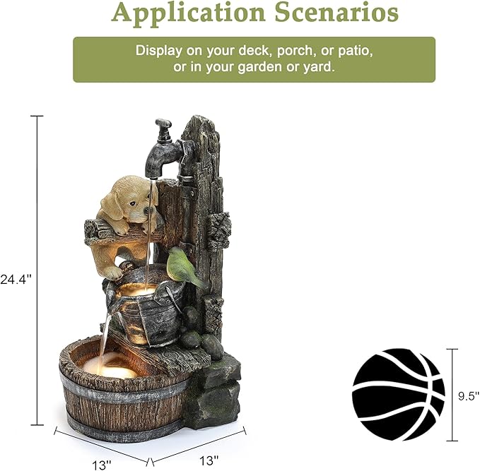 LuxenHome Water Fountain Outdoor, 25" Whimsical Puppy Dog Resin Outdoor Water Fountain with LED Lights, Decorative Garden Waterfall Fountains Indoor and Outdoor for Patio, Garden Decor