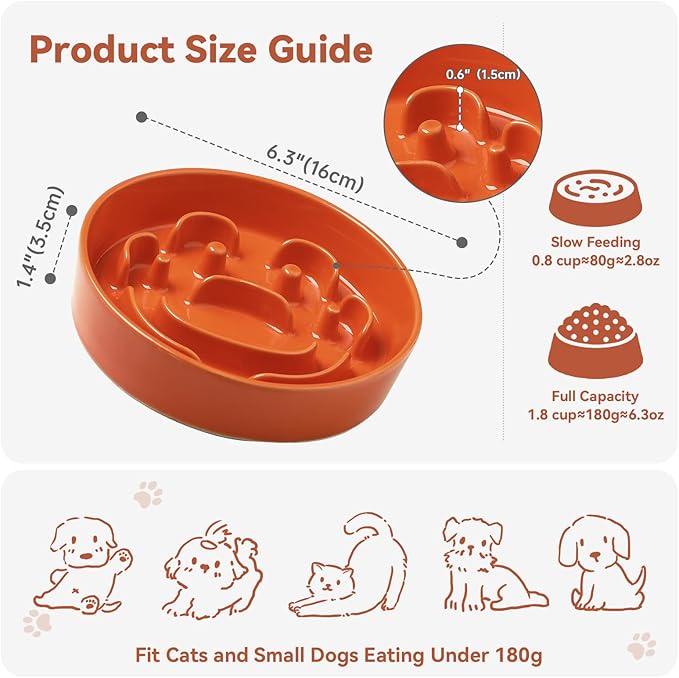 Ceramic Dog Slow Feeder Bowl - Small Dog Food Dish with Maze Puzzle Design - Slow Eating Puzzle Feeder for Pet Feed & Food Control - Whisker-Friendly Bowl for Cat Feeding - 6.3 Inch - 180 g - Orange
