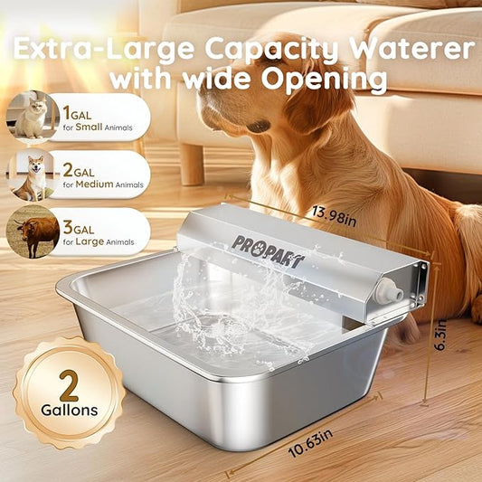 2 Gallon Automatic Dog Water Dispenser, Stainless Steel Water Bowl for Pets & Livestock, Large Auto Fill Waterer Feeder, No Electricity, Fit 3/4" GHT Faucet, Anti-Tip Design