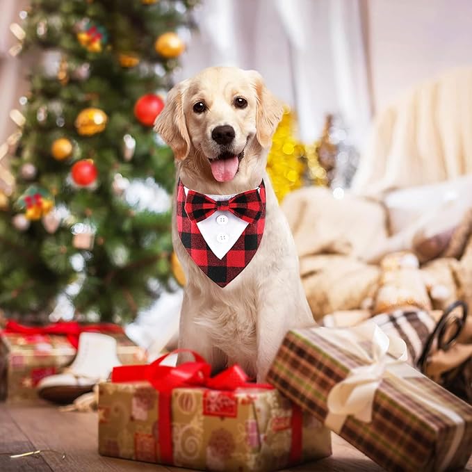HDGDT Adjustable Red Plaid Christmas Dog Tuxedo Bandana with Bow Tie - Holiday Pet Outfit Costume for Dogs XS to XL
