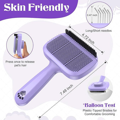 Self Cleaning Dog Brush for Shedding - Bristle Brush and Long/Short Needles Design, Skin Friendly, Slicker Deshedding Dog Brush, Hair Removal for Long & Short Haired Pets (Purple)
