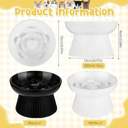 Tioncy 2 Pcs Raised Cat Slow Feeder Bowl Ceramic Elevated Cat Dog Food Bowl No Spill High Edge for Dry Wet Food and Water Easy to Clean, Dishwasher Safe(Black, White)