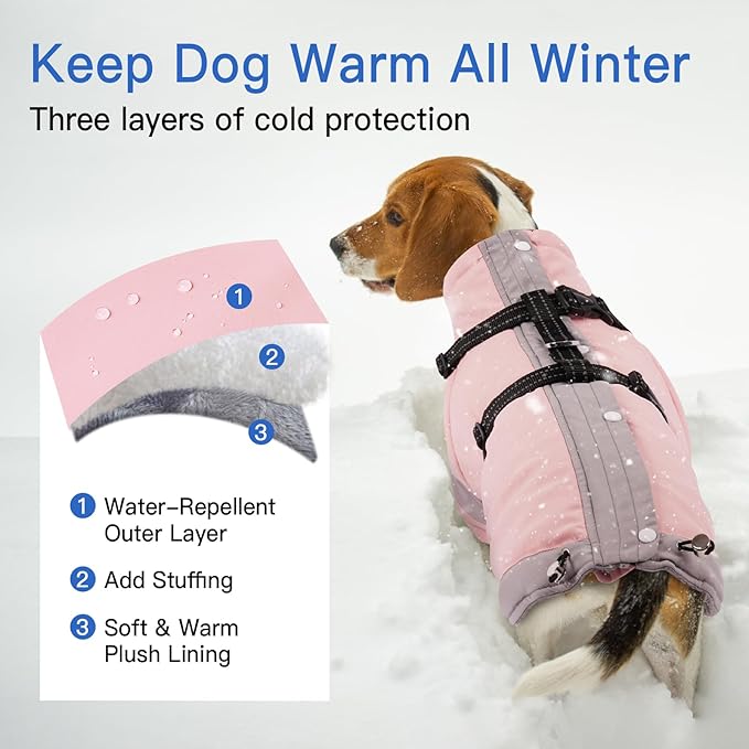 XX-Large Dog Winter Coat with Harness 2 in 1-for Outdoor Walking | Thick and Warm Lining for Cold Winter,Turtleneck Windproof Dog Snowsuit with Sleeves,Night Reflective Harness(Light Pink)