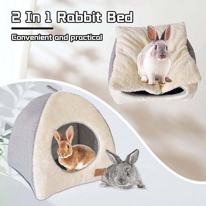 kathson Rabbit Bed Warm Hideout Bunny Cave Beds House Cozy Guinea Pig Hideouts with Foldable Winter Sleeping Nest for Small Animals Cats Hamsters Chinchillas Ferrets (Creamy White)