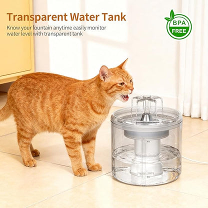 Cat Fountain, 2.6l/87oz Pet Water Fountain Clear Plastic Water Fountains for Cats Indoor with Flower Waterfall Dog Water Fountain Spout with Silent Pump