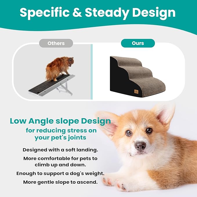 Dog Stairs for Small Dogs, 15.8 in H 3 Step Curved Dog Ramp for High Bed and Couch, Foam Dogs Ramp with Durable Non-Slip Waterproof Fabric Cover, Pet Stairs for Pets Joints, Brown