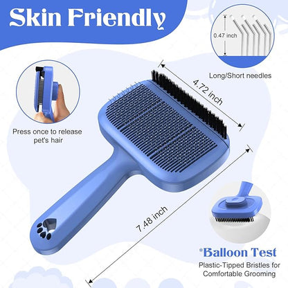 Self Cleaning Dog Brush for Shedding - Bristle Brush and Long/Short Needles Design, Skin Friendly, Slicker Deshedding Dog Brush, Hair Removal for Long & Short Haired Pets (Blue)
