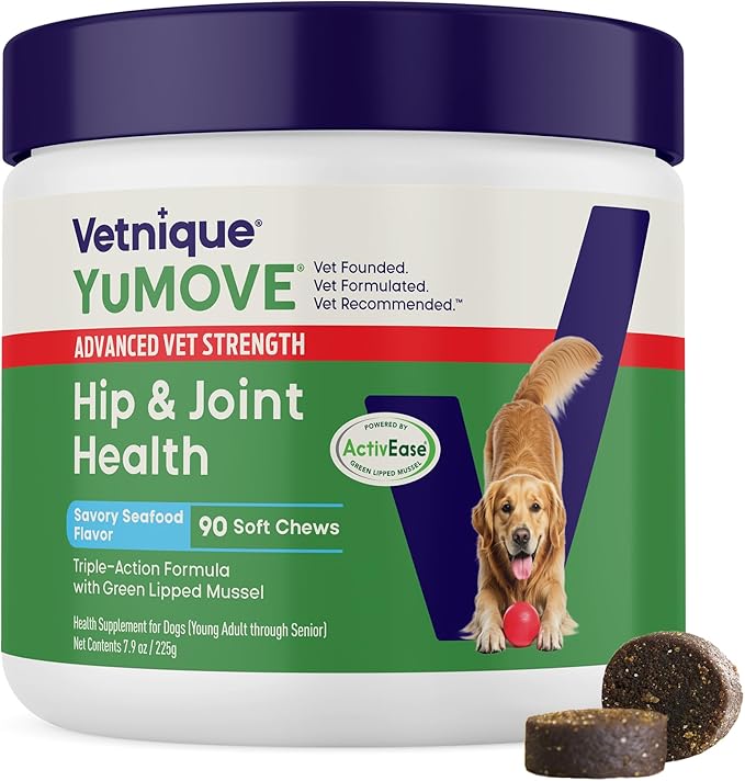 Yumove Hip & Joint Supplement for Dogs with Glucosamine, Hyaluronic Acid, Green Lipped Mussel & Omega 3 Joint Supplement - Regular or Advanced Strength (90 Count, Advanced Vet Strength Soft Chews)