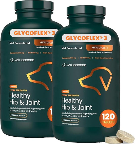 VetriScience Glycoflex 3 Clinically Proven Hip and Joint Supplement for Dogs - Maximum Strength Dog Supplement with Glucosamine, MSM, Green Lipped Mussel & DMG - 2 Pack (120 Chewable Tablets Each)