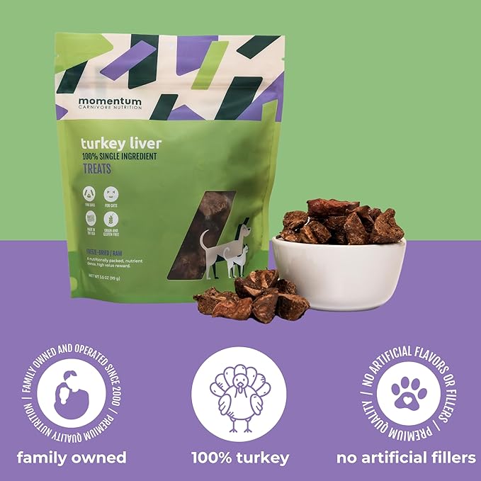 Momentum Carnivore Nutrition Freeze-Dried Turkey Liver Dog Treats & Cat Treats – Single-Ingredient, High-Protein, Grain-Free, Naturally Flavorful & Lean – Made in USA – 3.5 oz Bag