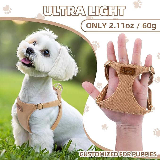 PUPTECK Dog Harness and Leash Set Small Sized, Step-in Cute Puppy Harness, Soft Lightweight Padded Vest, Escape Proof No Pull Pet Harnesses Easy for Walking, Khaki, S