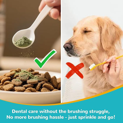 Dog Teeth Cleaning Powder, Dog Dental Powder for Teeth Cleaning and Dog Breath Fresh, Bad Breath Fresher & Tartar Remover with Enzyme, Probiotics. Plaque Off Pet Tooth Cleaning 120 Grams 60 Servings