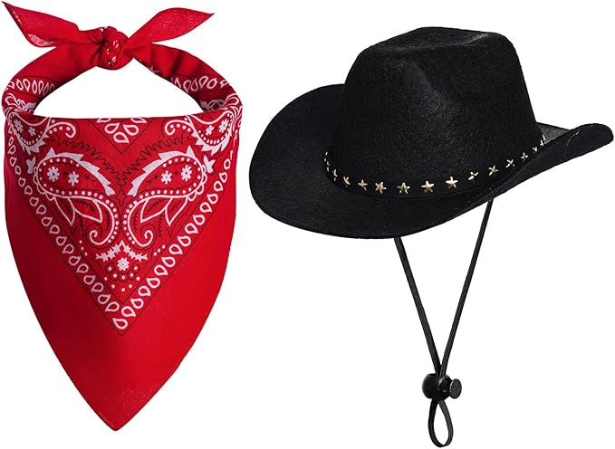 choyaxo Halloween Costumes for Dogs Cat Pet Cowboy Costume Cowboy Hat with Bandana Set for Halloween, Christmas, Holiday, Party, Cosplay (Black, Medium)