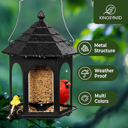 Kingsyard Metal Bird Feeder for Outdoors Hanging, 3 lbs Seed Feeder, Wild Bird Feeders for Garden Cardinal Finch Bluebird, Easy to Fill & Clean, Black