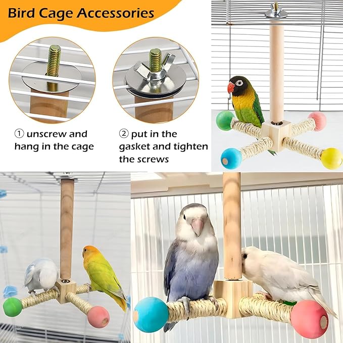 Bird Stand Perch Toy, Interactive Spinning Parakeet Toys, Wooden Exercise Wheel Parrot Toy, Enrichment Cockatiel Toy for Birds Cage, Bird Cage Accessories Perch Toys for Budgies (S)