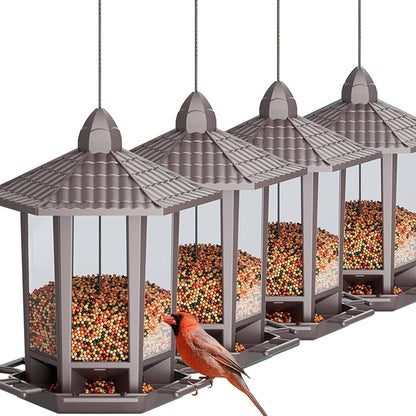 Birdream 4 Pack Bird Feeders for Outdoor Hanging, 10 LB Fun Installation Retro Pagoda Design Bird Feeder, Attracting Wild Birds Chickadees Goldfinches Cardinals Finches and Sparrows (Brown)