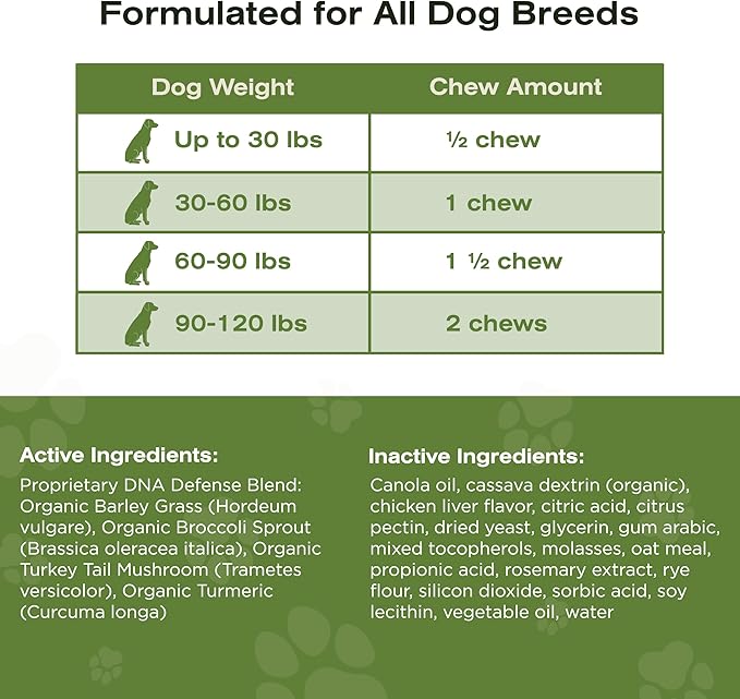 The Vet's Dog Immune Support DNA Defense Chews, Dog Allergy and Immune Chews + Hip and Joint Supplement for Dogs, Organic Turkey Tail Mushroom, Turmeric, Barley Grass, Chicken Liver Flavor (30 Count)