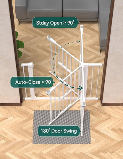 BABELIO 36 Inch Extra Tall Baby Gate with Cat Door, 29-48" Metal Pet Door for Stairs, Doorways, Auto Close, Easy Walk Thru,White