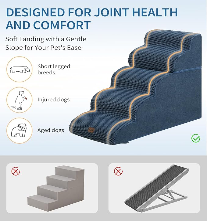 Made4Pets Dog Stairs Ramp for High Bed 22.8" H, 5-Step Pet Stairs for Bed Couch Sofa Climbing, 35D Foam Pet Steps for Small Dogs and Cats, Non-Slip Bottom Dog Steps, Navy