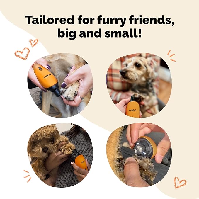 LUCKY TAIL Pet Nail Grinder for Dogs and Cats - Super Quiet and Low Vibration Electric Dog Nail Grinder with 2 LED Lights - USB Rechargeable and Cordless - 2 Speeds - Small to Large Pets - Orange