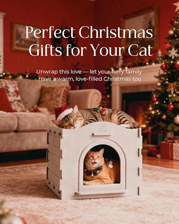 Apasiri Indoor Cat Houses for Indoor Cats, Warm Insulated Covered Cat Cave for Indoor Cats House, Strong Scratch-Resistant Capacity, Sturdy Fiber, Compatible with Heating Pads, Cat