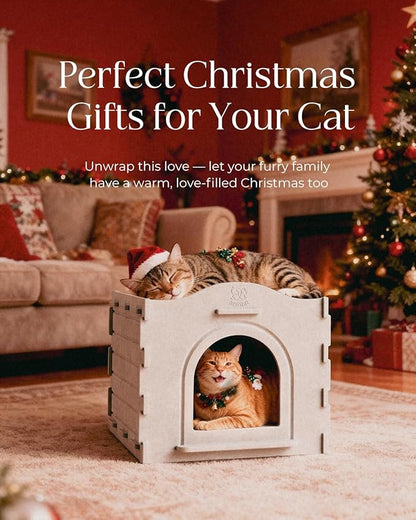 Apasiri Indoor Cat Houses for Indoor Cats, Warm Insulated Covered Cat Cave for Indoor Cats House, Strong Scratch-Resistant Capacity, Sturdy Fiber, Compatible with Heating Pads, Cat