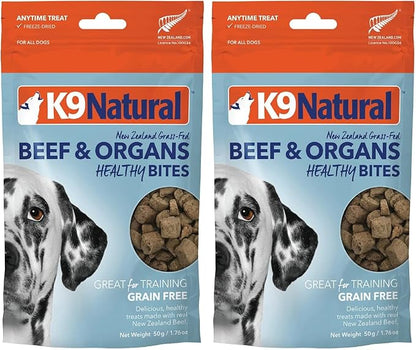 K9 Natural, Freeze-Dried Single Ingredient Dog Treats, High-Value, Low-Calorie Protein Bites for Active Dogs, Healthy Dog Training Treats, Grain-Free Reward, Beef & Organs, 1.76oz (Pack of 2)