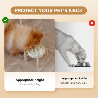 Ceramic 0.9 Cup Dog Raised Slow Feeder Set, Elevated Bowl with Wooden Stand for Small Dog, 6.1inch Pet Slow Feeder Dish for Fast Easters, Preventing Choking (Beige, Single Bowl+ Stand)