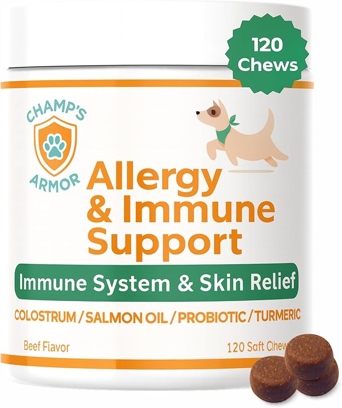 Champ's Armor Allergy & Immune Soft Chews for Dogs. Daily Support for Itchy Skin, Immune Health, Seasonal Allergies. W/Colostrum, Salmon Oil, Probiotics, Quercetin, Turmeric. 120 ct.