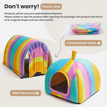 TailoWag Guinea Pig Hideout Soft Large Bed Tunnel with Door Curtain 2 Pack Guinea Pig Toys Set Bunny Bed Cage Accessories for Small Animals (Rainbow)