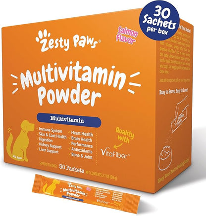 Zesty Paws 10-in-1 Dog Multivitamin - Gut, Immune, Joint, Skin & Coat Support, and More - Dog Vitamins and Supplements Powder - Pet Supplements with Omega Fish Oil & VitaFiber - Salmon - 30 Ct