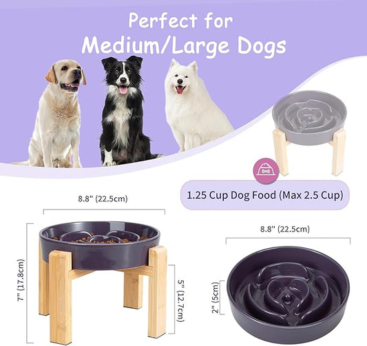 Elevated Slow Feeder Dog Bowl - Puzzle Maze Dish with Bamboo Stand - Raised Ceramic Food Bowl for Medium and Large Dogs - 8.8 Inch - Purple