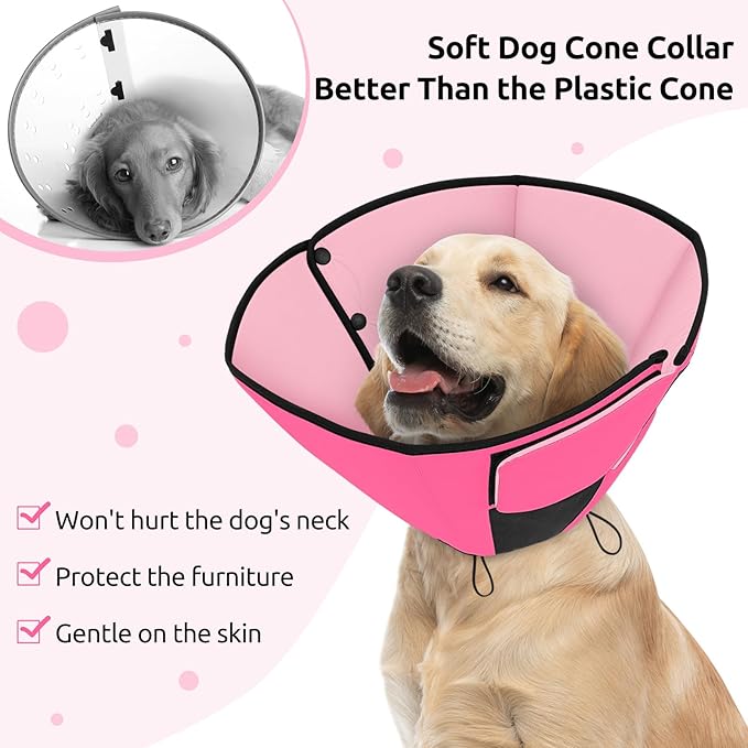 Queenmore Dog Cone XL, Soft Dog Cones for Large Dogs After Surgery, Cone for Dogs to Stop Licking, Elizabethan Collar for Pet, Alternative to Recovery Collar for Large Breeds, Pink XL