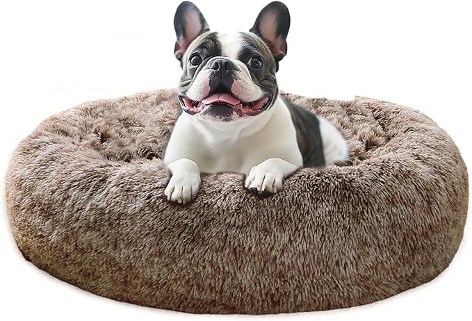 JOLLYVOGUE Small Dog & Cat Beds for Indoor Cats, Donut Cuddler Warming Soft Dog Beds with Anti-Slip Bottom, Round Calming Fluffy Plush Faux Fur Cushion Bed for Medium Dogs (31", Smoke Brown)