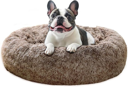 JOLLYVOGUE Small Dog & Cat Beds for Indoor Cats, Donut Cuddler Warming Soft Dog Beds with Anti-Slip Bottom, Round Calming Fluffy Plush Faux Fur Cushion Bed for Large Dogs (36", Smoke Brown)