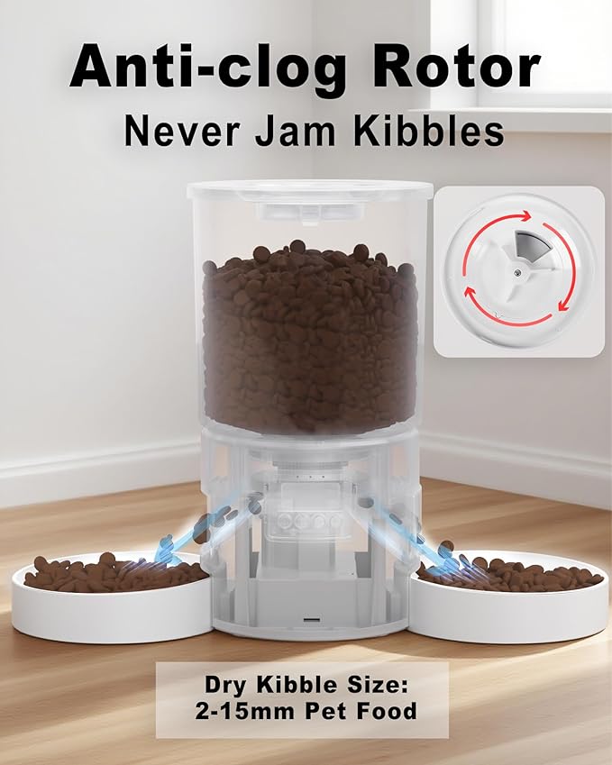 Automatic Cat Feeder for 2 Cats,Auto Dry Food Dispenser with Dual Bowls and Clear 4.2L Hopper,Programmable Portion Control,Up to 6 Meals per Day,10-Second Voice Recording,Dual Power Backup-White