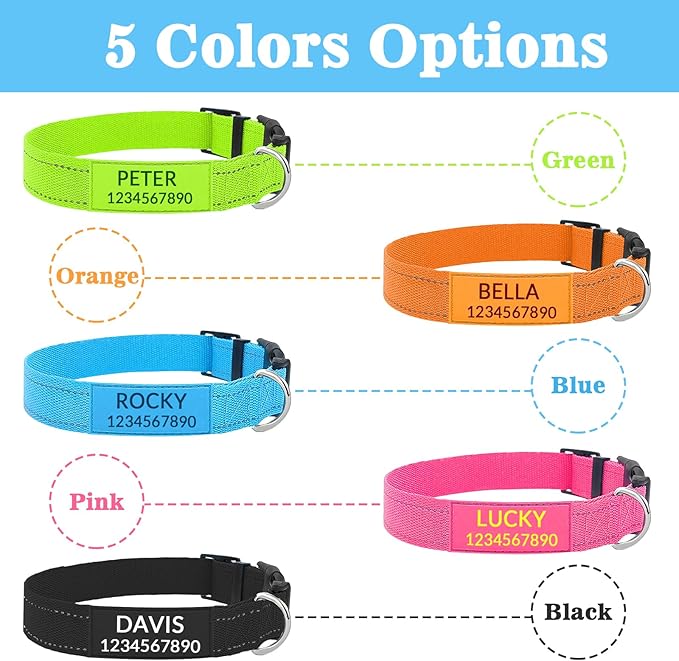 Personalized Dog Collars with Pet Name/Phone Number Custom Reflective Nylon Collar - Adjustable Sizes for Small Medium Large Dogs