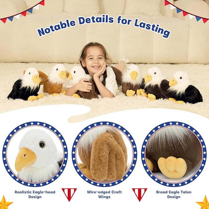 Tezituor 6 Pcs Bald Eagle Stuffed Animals – 7" Cuddly Eagle Plush Toys in Various Poses, Perfect Collectible Gift for Kids & Patriotic Enthusiasts