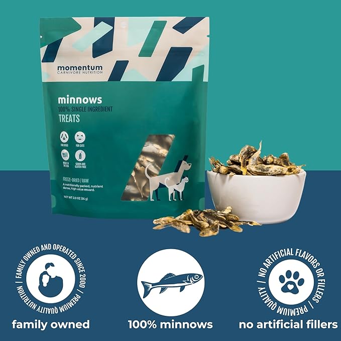 Momentum Carnivore Nutrition Freeze-Dried Minnows Dog Treats & Cat Treats – Single-Ingredient, High-Protein, Grain-Free, Natural Whole-Fish Treat – Made in USA – 2 oz Bag