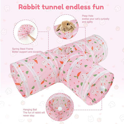 BWOGUE Bunny Tunnels & Tubes Collapsible 3 Way Bunny Hideout Small Animal Activity Tunnel Toys for Dwarf Rabbits Bunny Guinea Pigs Kitty(Pink)